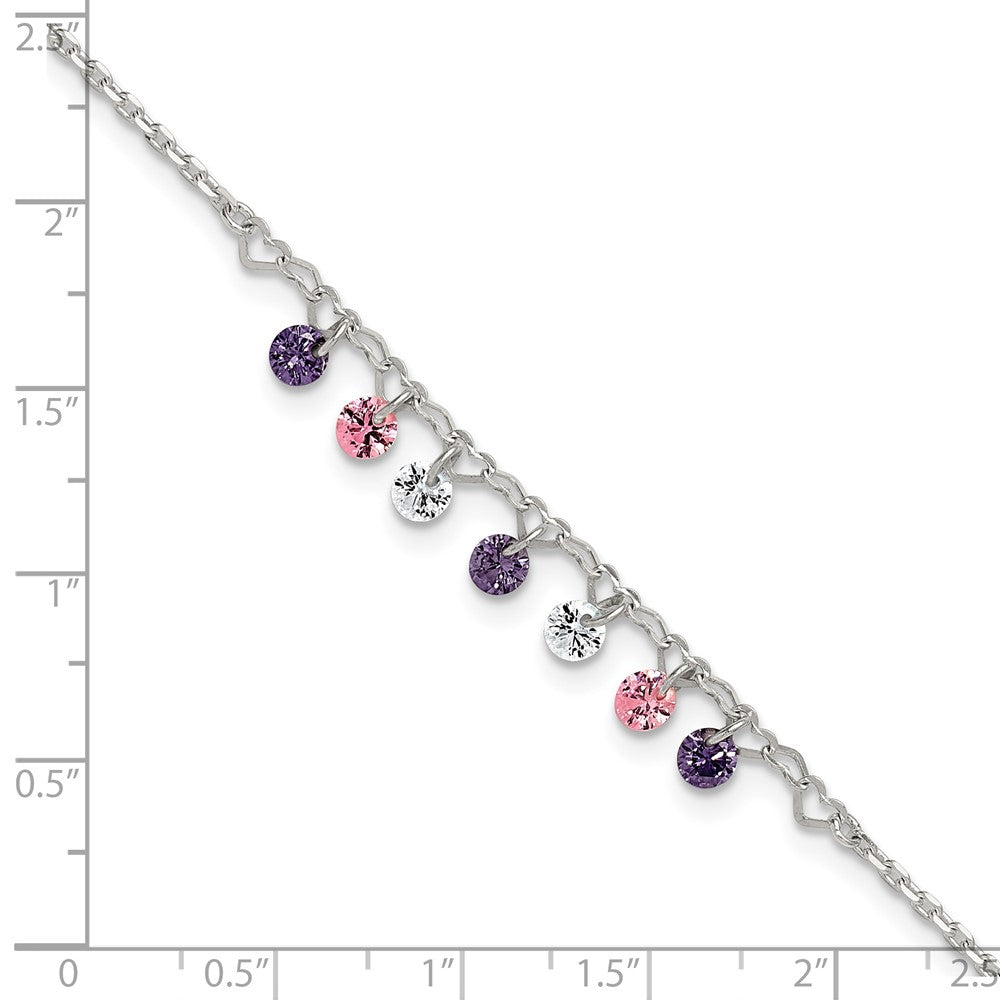 Sterling Silver Polished Multicolor CZ and Hearts 9in Plus 1in Ext Anklet