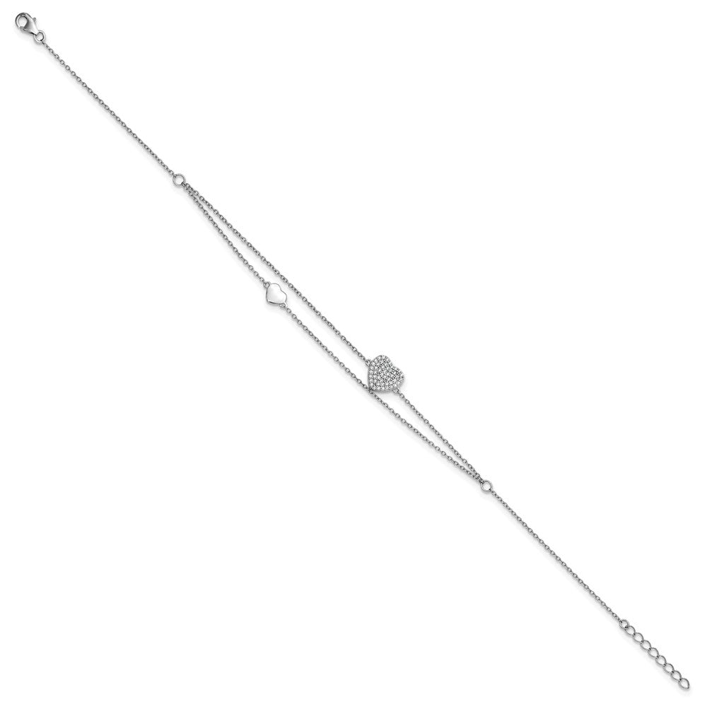 Sterling Silver RH-plated Two-Strand CZ Hearts 9in Plus 1in Ext Anklet