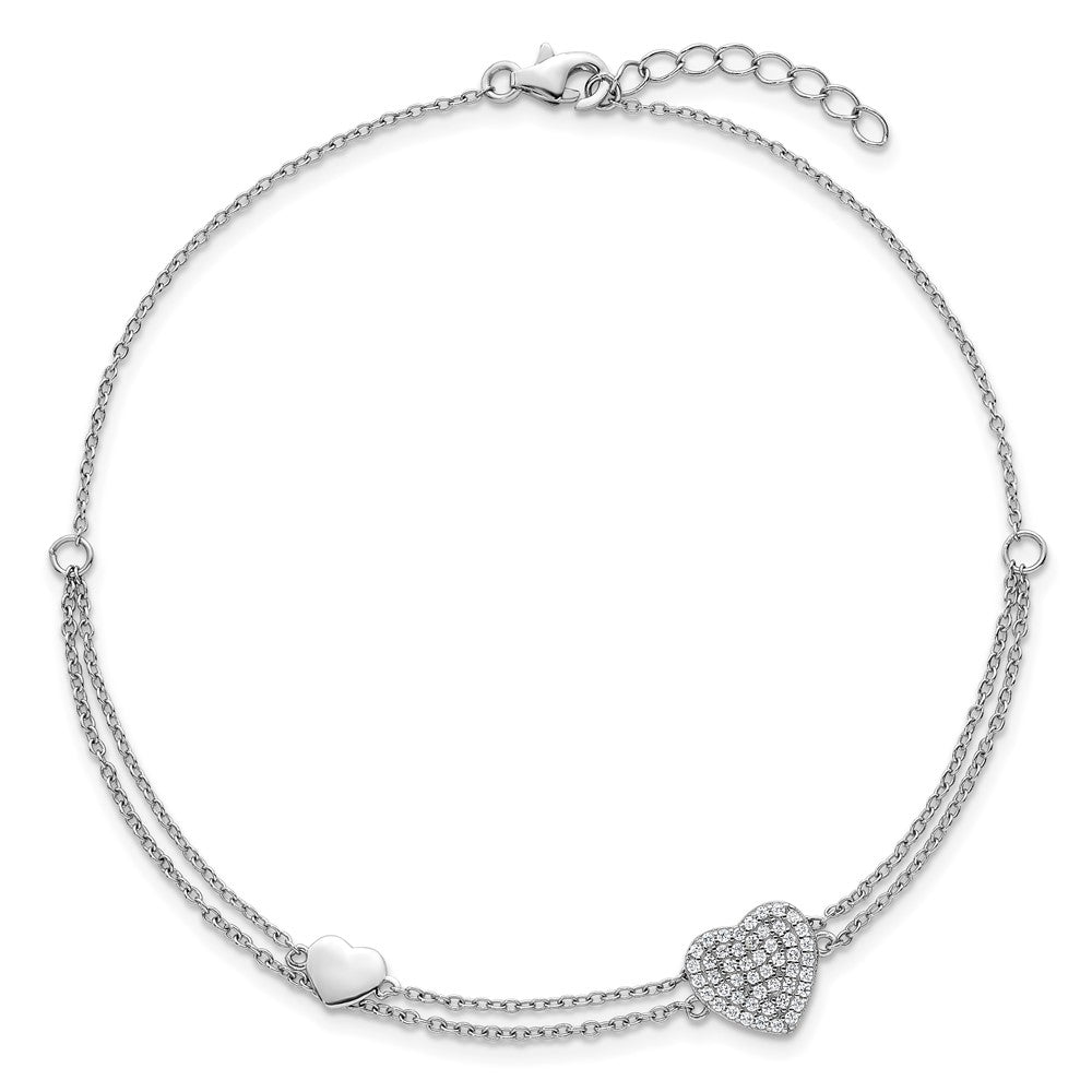 Sterling Silver RH-plated Two-Strand CZ Hearts 9in Plus 1in Ext Anklet