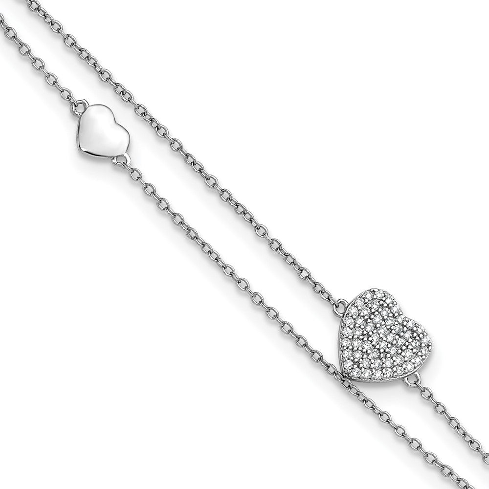 Sterling Silver RH-plated Two-Strand CZ Hearts 9in Plus 1in Ext Anklet