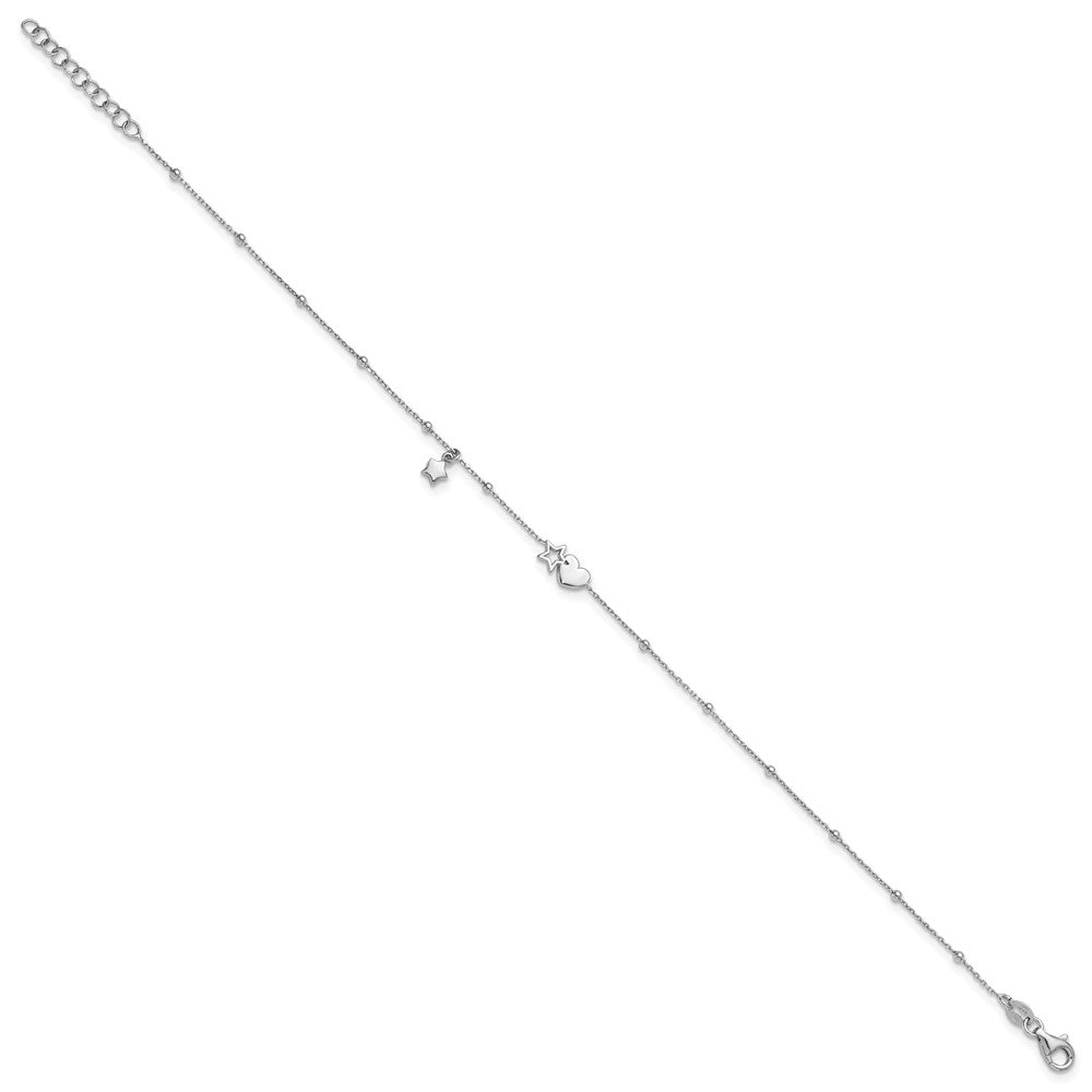 SSilver RH-plated Heart And Stars with Stations 9in Plus 1in ext. Anklet