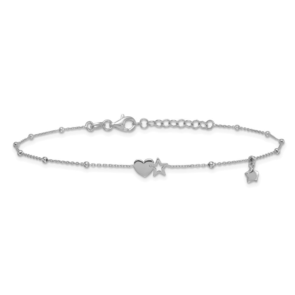 SSilver RH-plated Heart And Stars with Stations 9in Plus 1in ext. Anklet