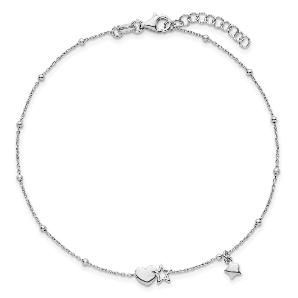 SSilver RH-plated Heart And Stars with Stations 9in Plus 1in ext. Anklet