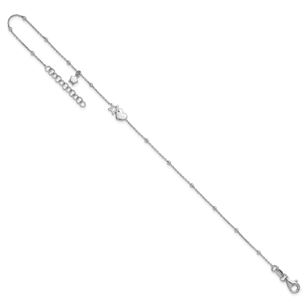 SSilver RH-plated Heart And Stars with Stations 9in Plus 1in ext. Anklet