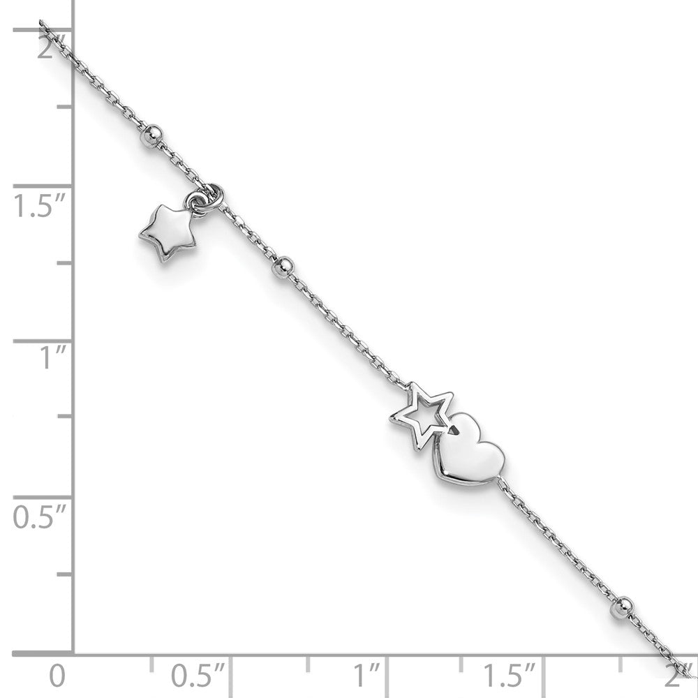 SSilver RH-plated Heart And Stars with Stations 9in Plus 1in ext. Anklet