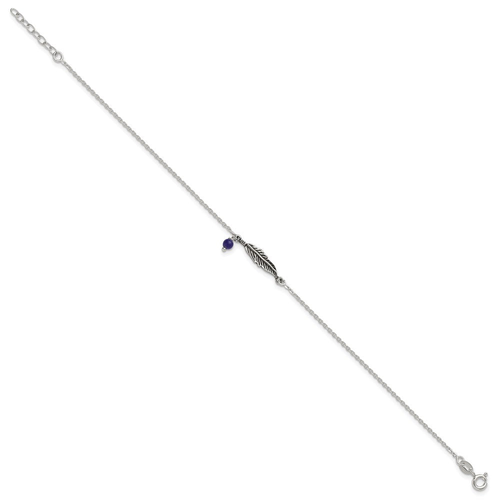 SSilver Oxidized Polished Blue Lapis Bead and Feather 9in Plus 1in Ext Ankl
