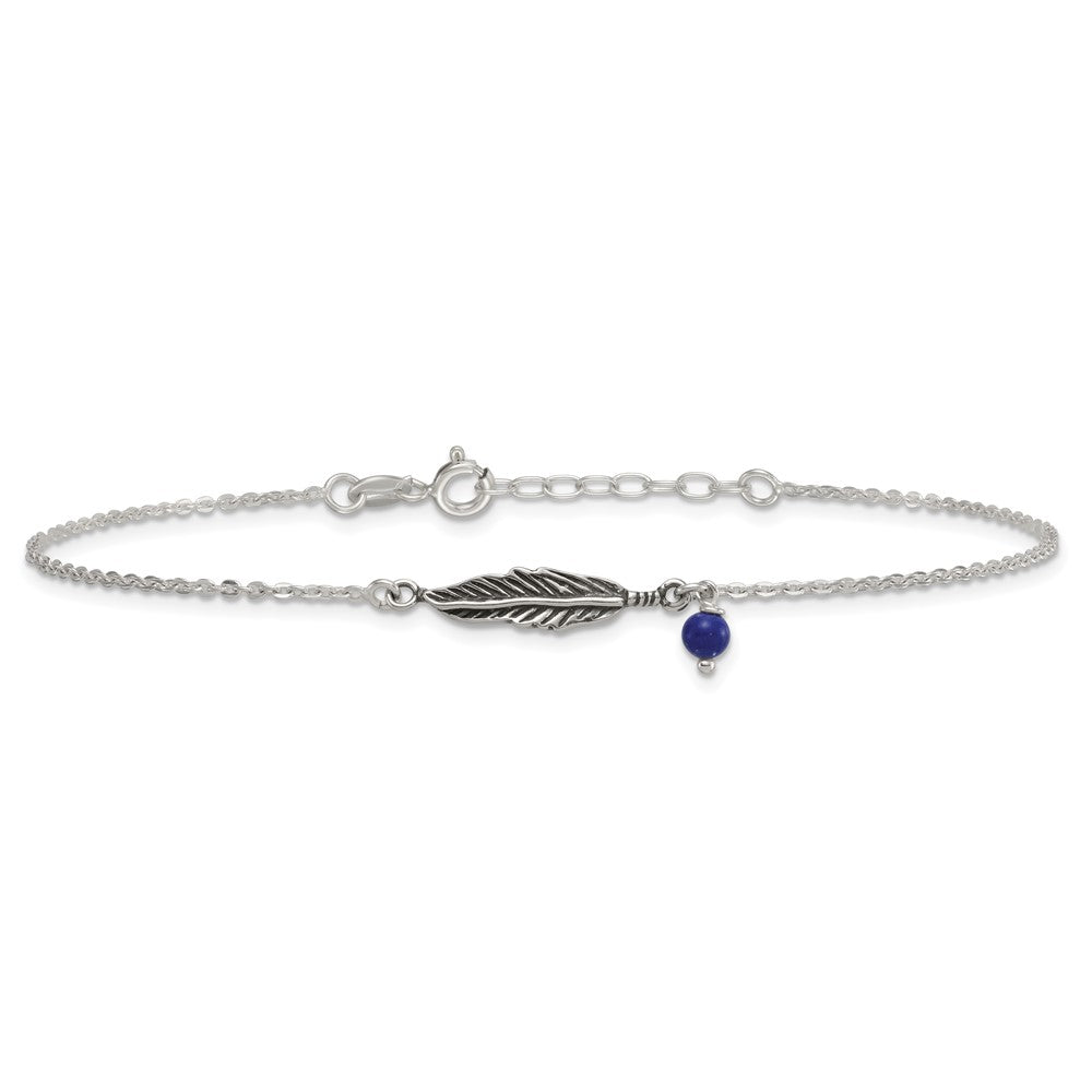 SSilver Oxidized Polished Blue Lapis Bead and Feather 9in Plus 1in Ext Ankl