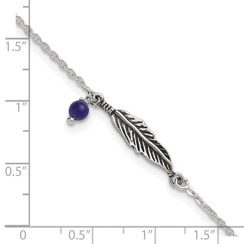 SSilver Oxidized Polished Blue Lapis Bead and Feather 9in Plus 1in Ext Ankl
