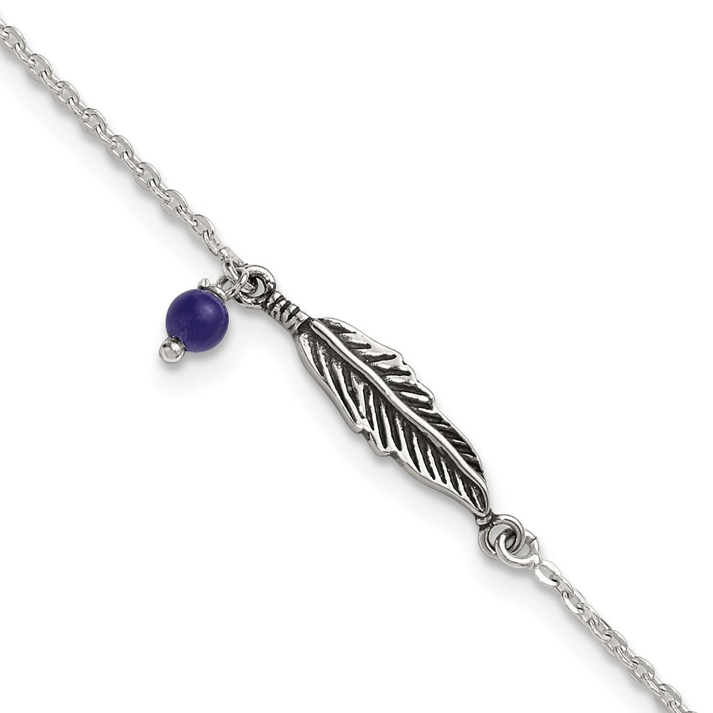 SSilver Oxidized Polished Blue Lapis Bead and Feather 9in Plus 1in Ext Ankl