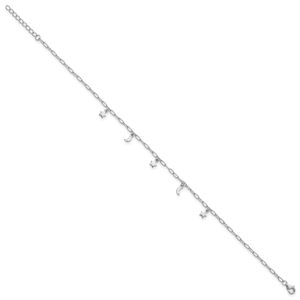 Sterling Silver RH-plated Polished Moon and Star 9in Plus 1in Ext Anklet