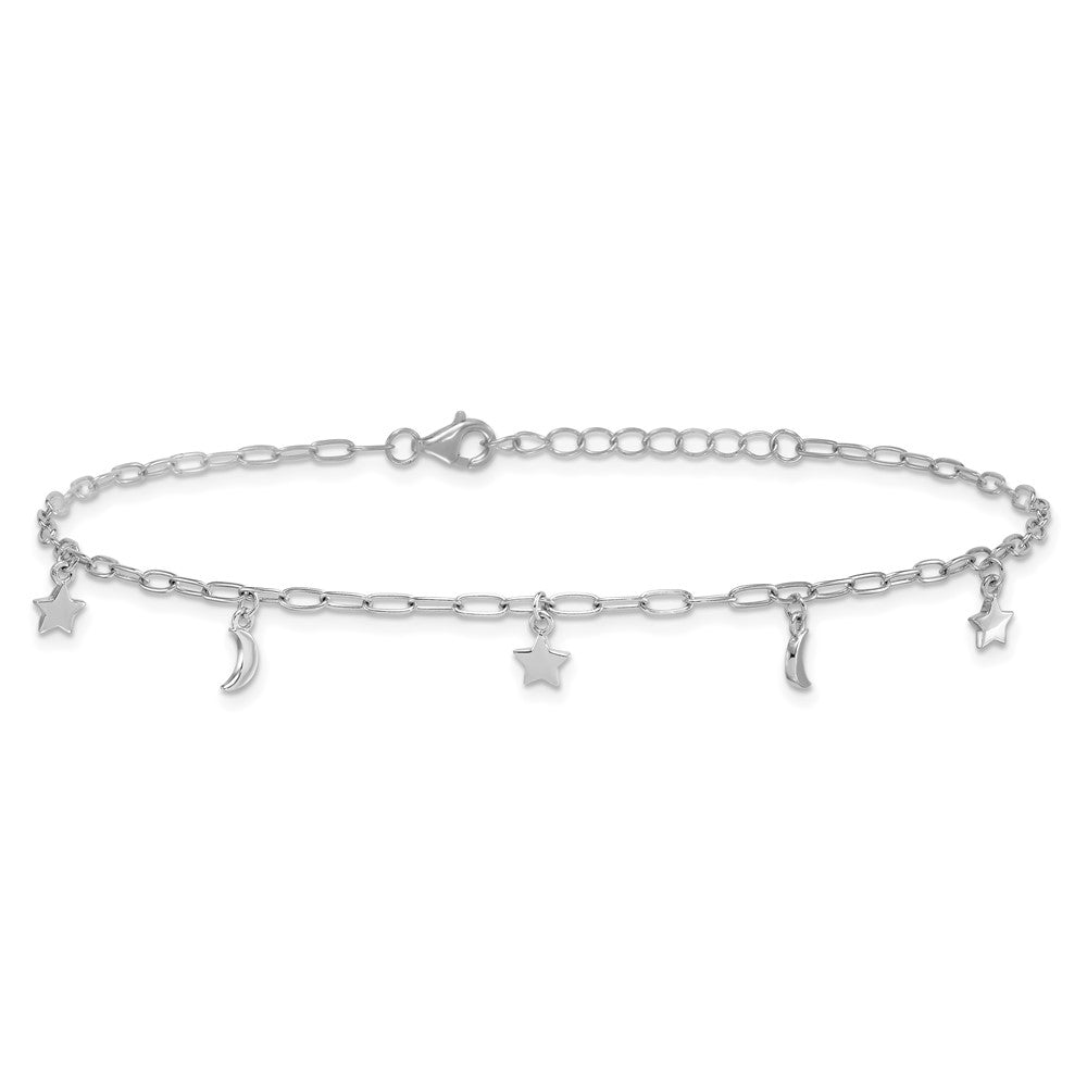 Sterling Silver RH-plated Polished Moon and Star 9in Plus 1in Ext Anklet