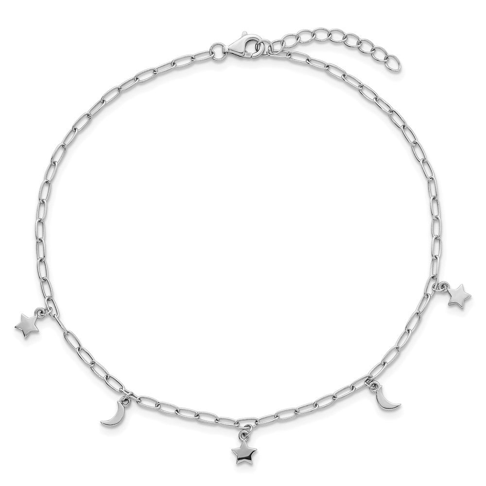 Sterling Silver RH-plated Polished Moon and Star 9in Plus 1in Ext Anklet