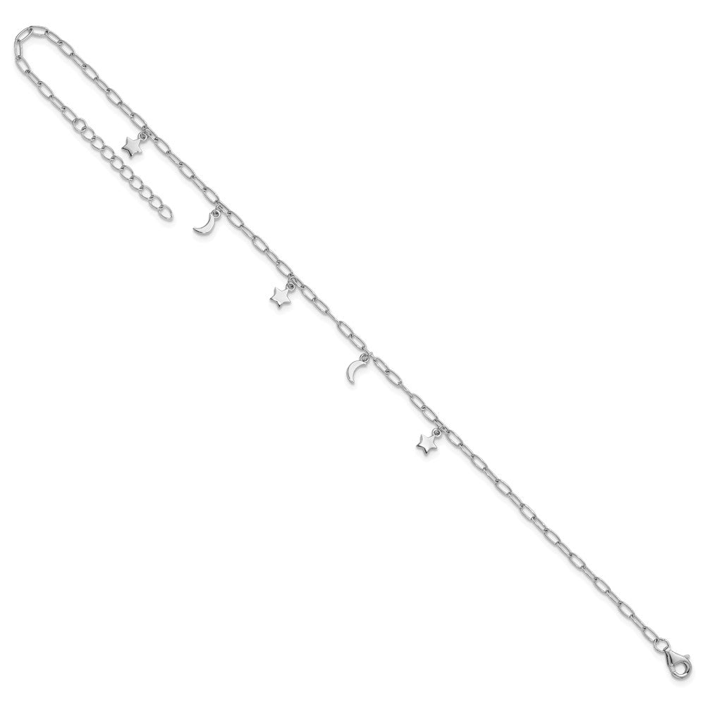 Sterling Silver RH-plated Polished Moon and Star 9in Plus 1in Ext Anklet