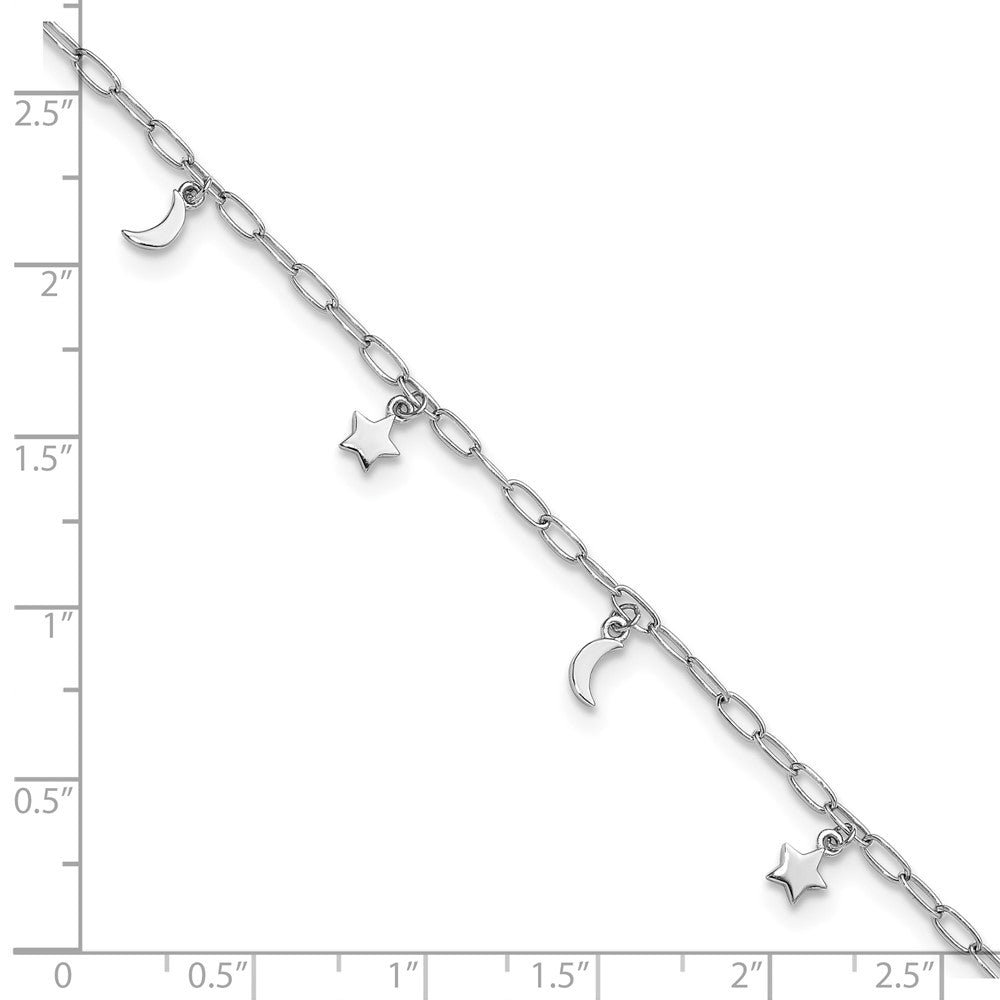 Sterling Silver RH-plated Polished Moon and Star 9in Plus 1in Ext Anklet
