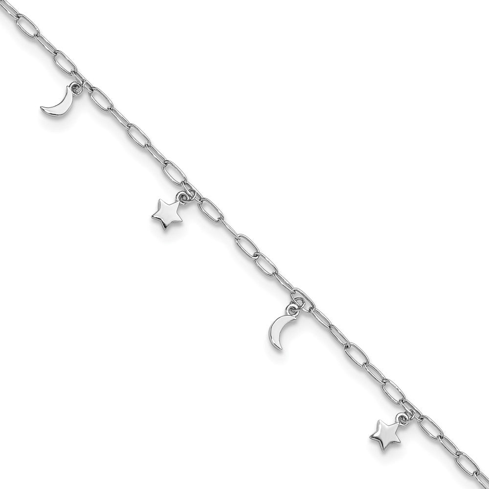 Sterling Silver RH-plated Polished Moon and Star 9in Plus 1in Ext Anklet