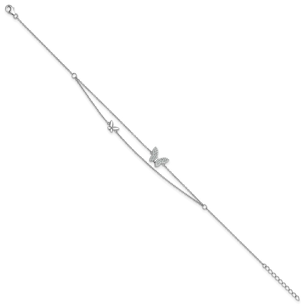 SSilver RH-plated Two-Strand CZ Butterflies 9in Plus 1in Ext Anklet