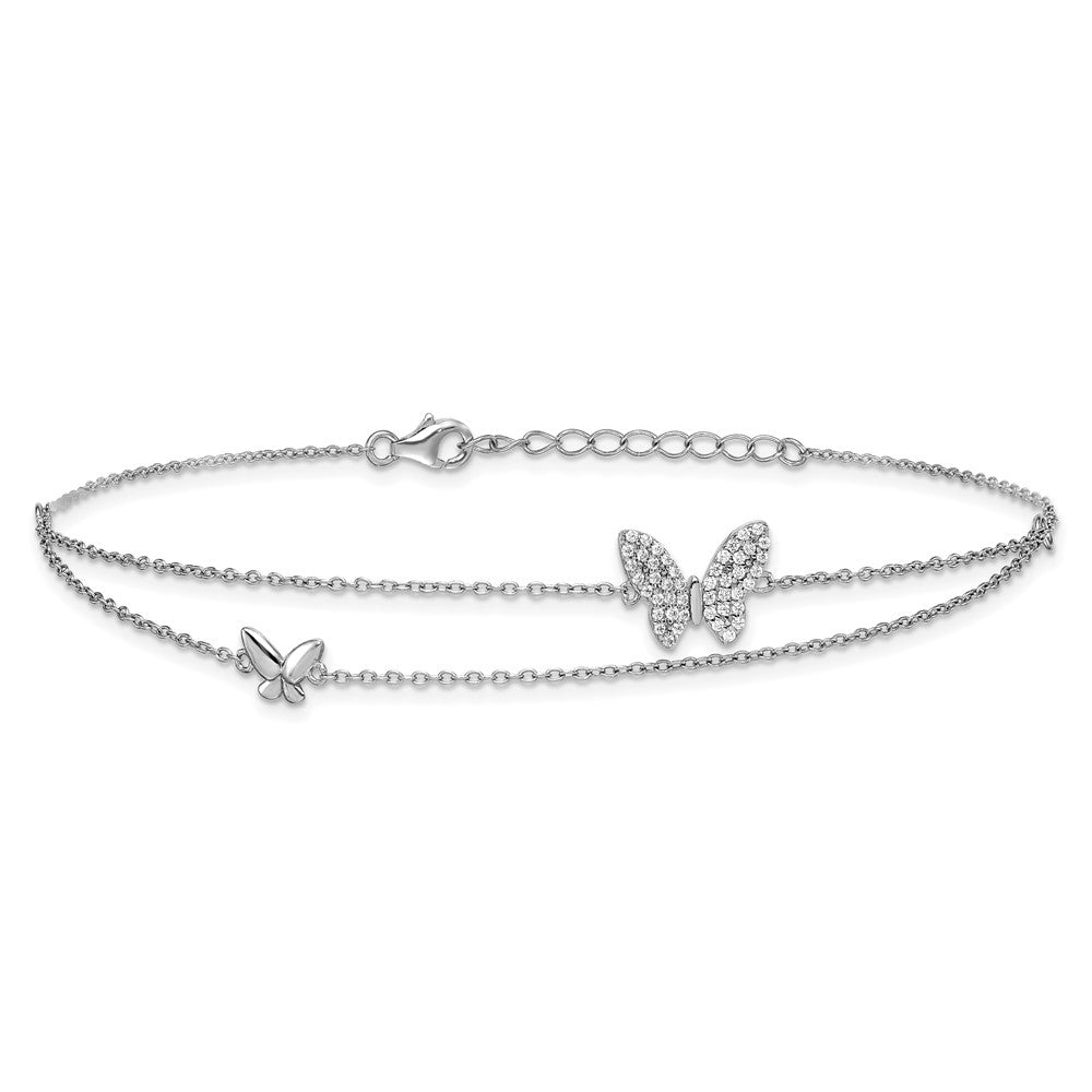 SSilver RH-plated Two-Strand CZ Butterflies 9in Plus 1in Ext Anklet
