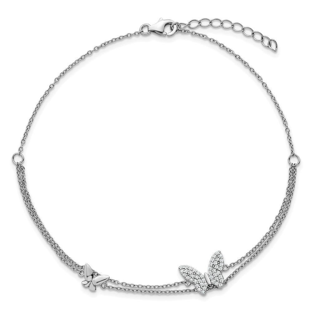 SSilver RH-plated Two-Strand CZ Butterflies 9in Plus 1in Ext Anklet