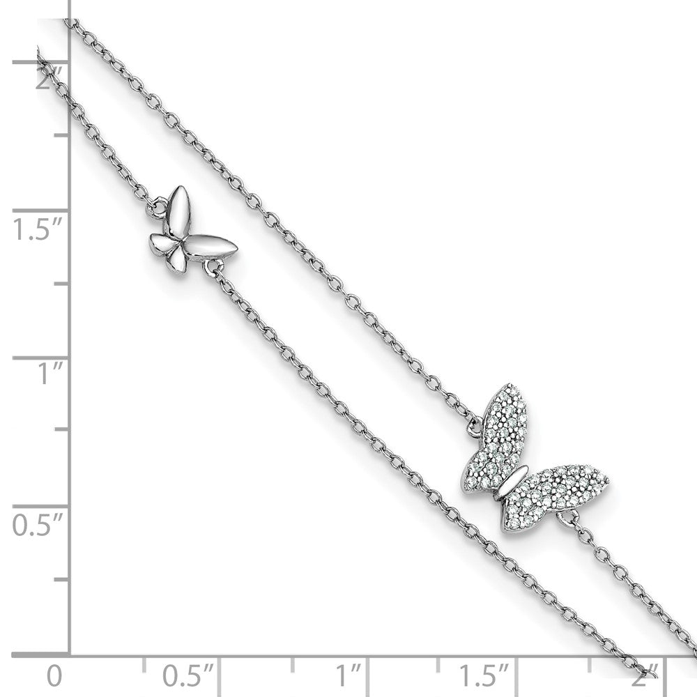 SSilver RH-plated Two-Strand CZ Butterflies 9in Plus 1in Ext Anklet