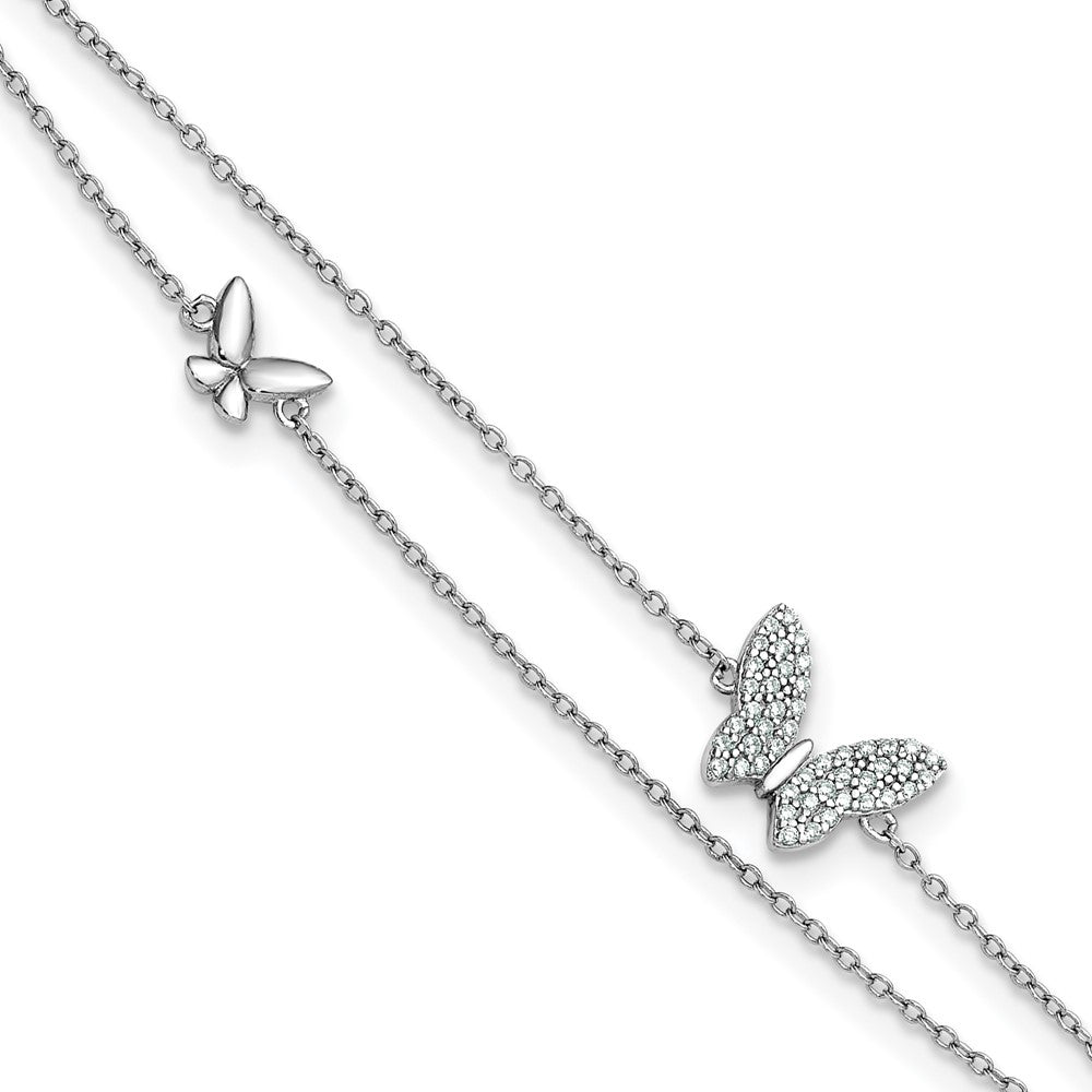 SSilver RH-plated Two-Strand CZ Butterflies 9in Plus 1in Ext Anklet