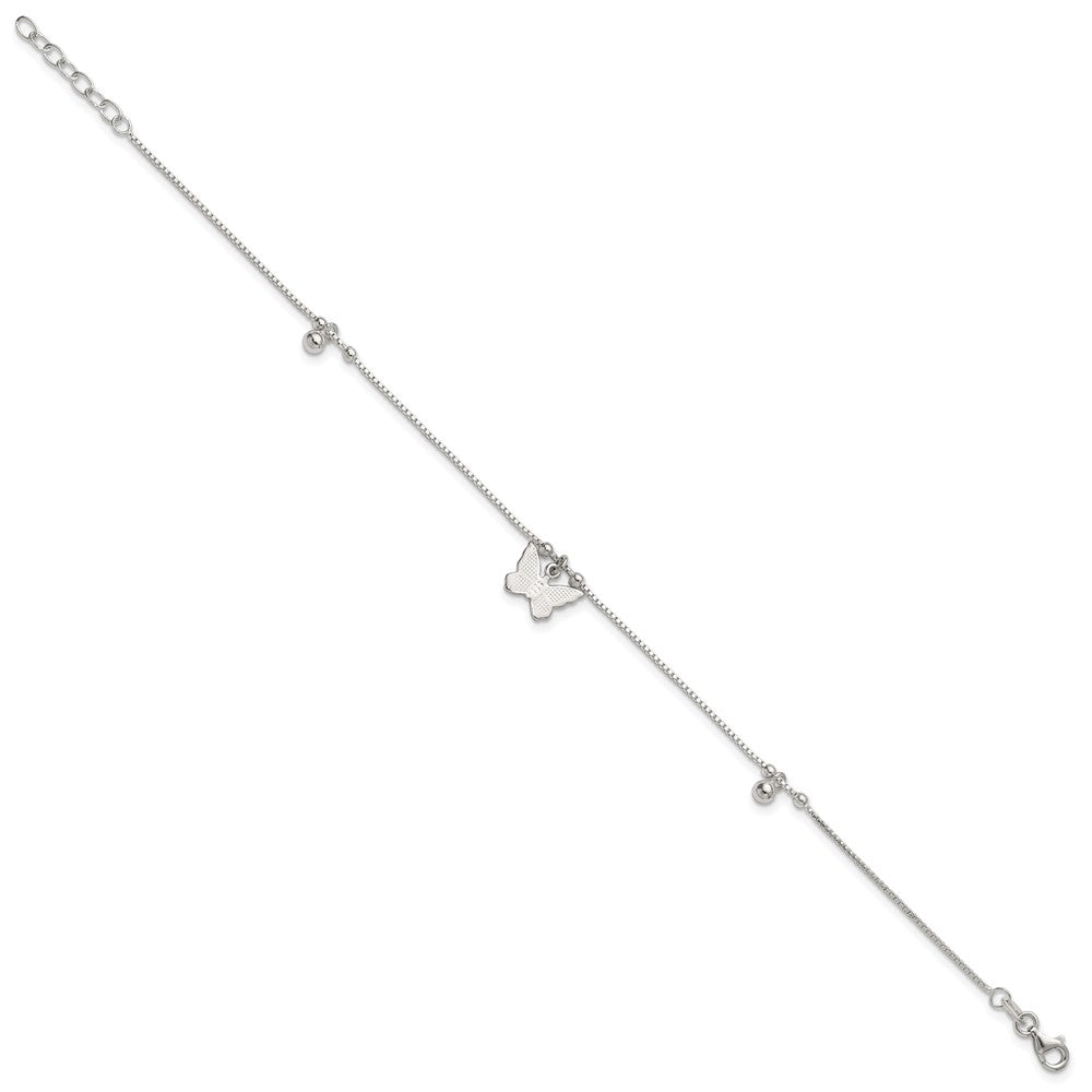 Sterling Silver Textured and Beaded Butterfly 9in Plus 1in Ext Anklet