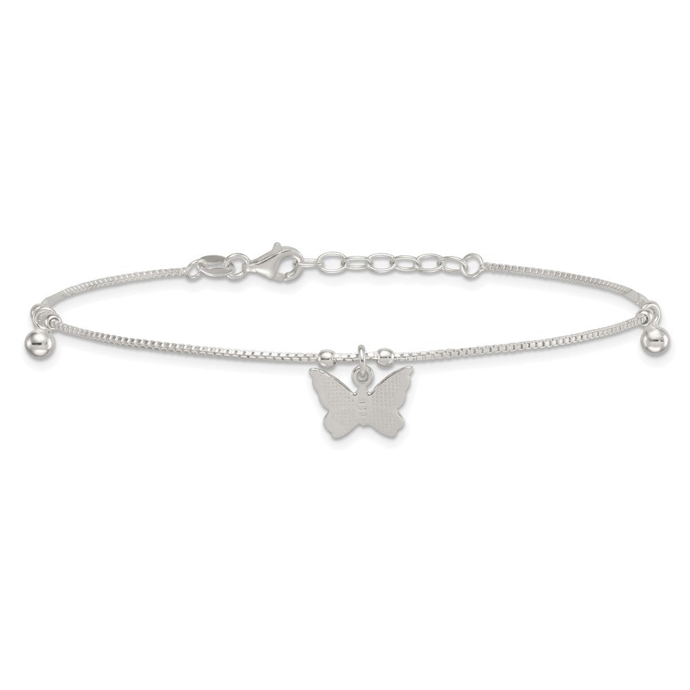 Sterling Silver Textured and Beaded Butterfly 9in Plus 1in Ext Anklet