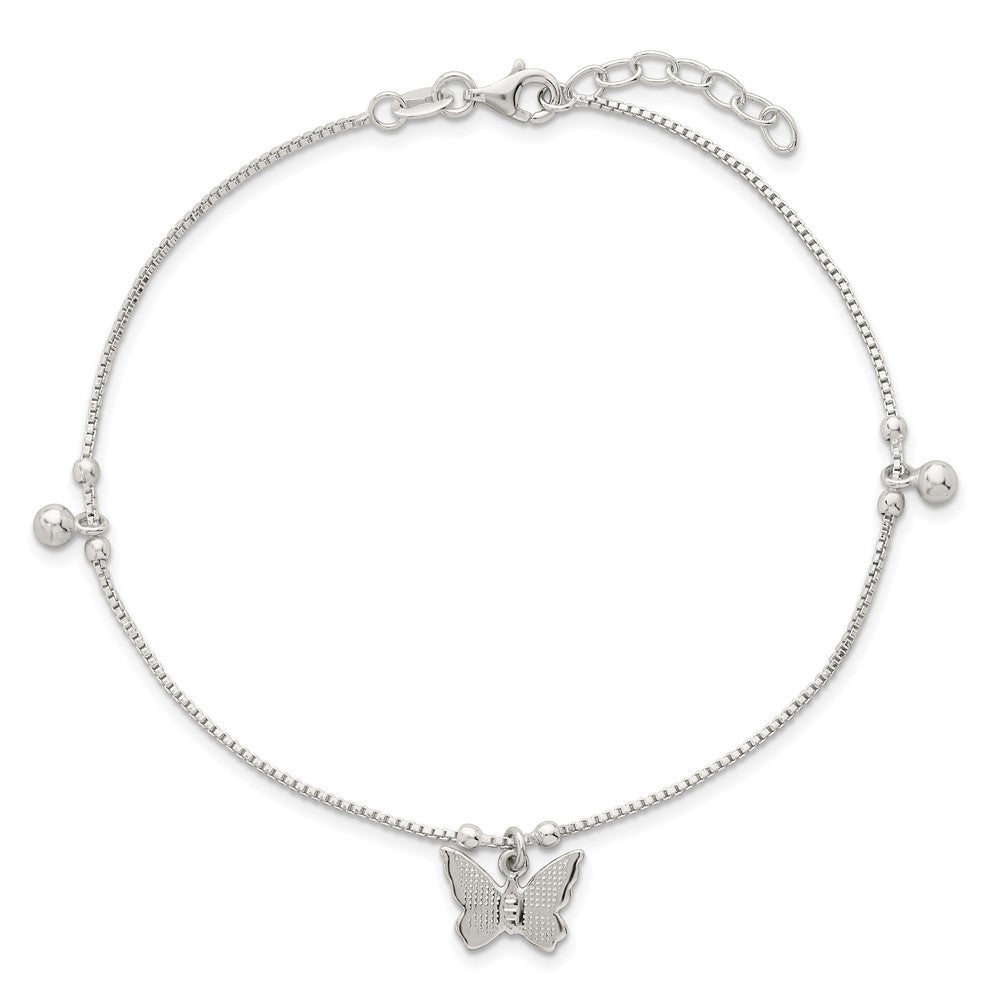 Sterling Silver Textured and Beaded Butterfly 9in Plus 1in Ext Anklet