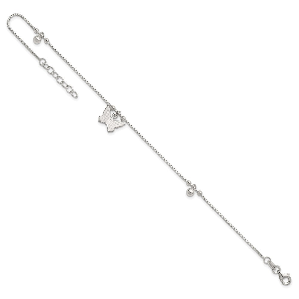 Sterling Silver Textured and Beaded Butterfly 9in Plus 1in Ext Anklet