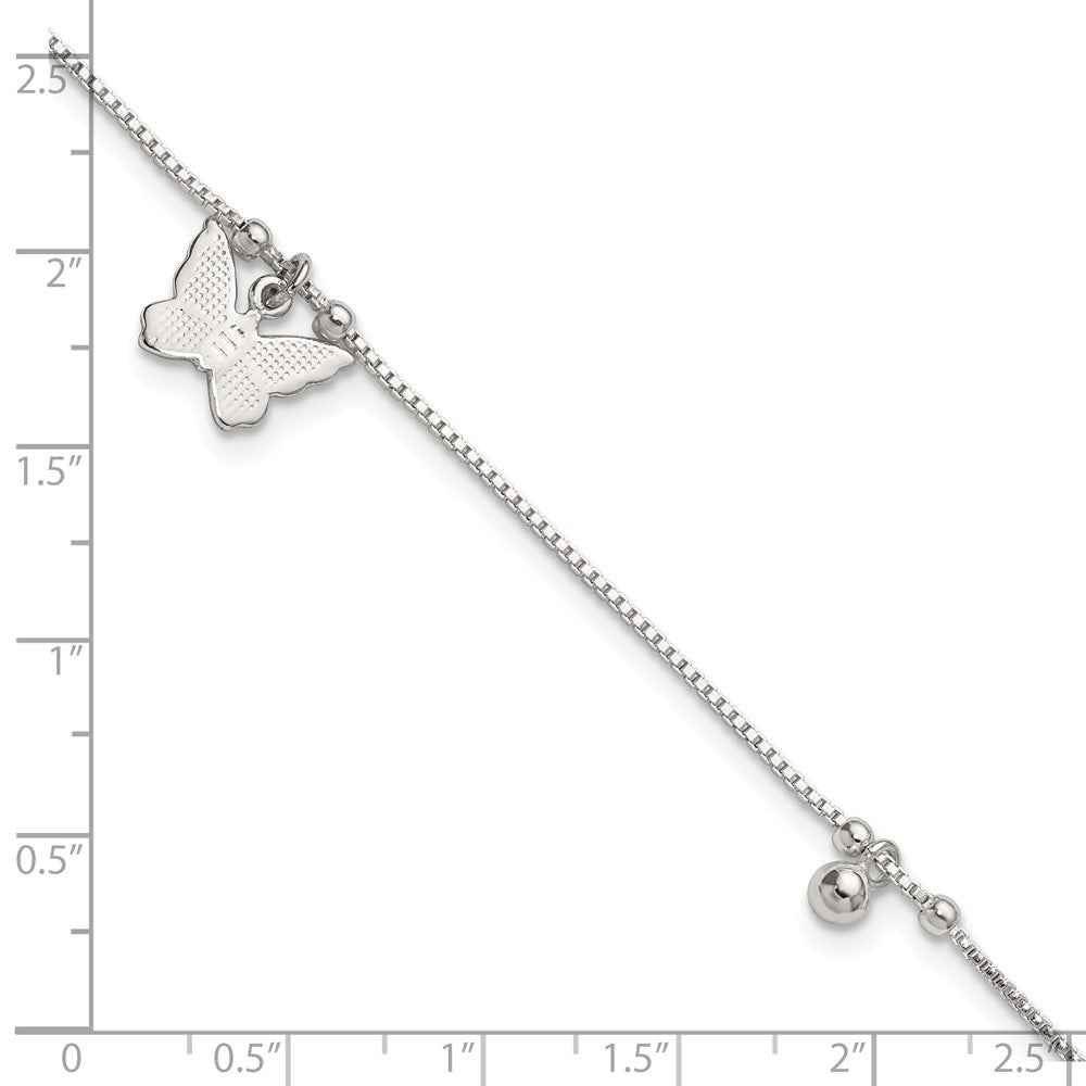Sterling Silver Textured and Beaded Butterfly 9in Plus 1in Ext Anklet