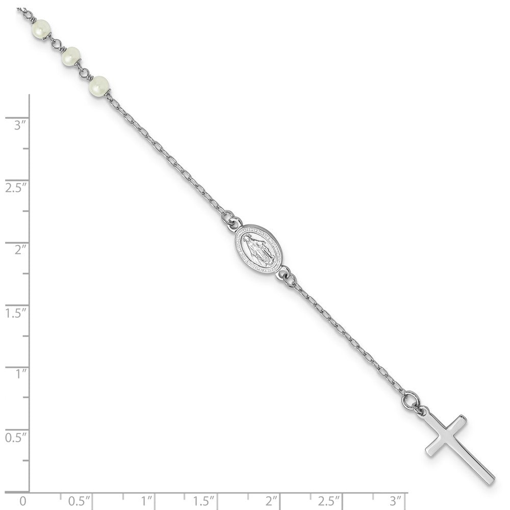 Sterling Silver RH-plated FWC Pearl Cross Rosary Themed 10in Anklet