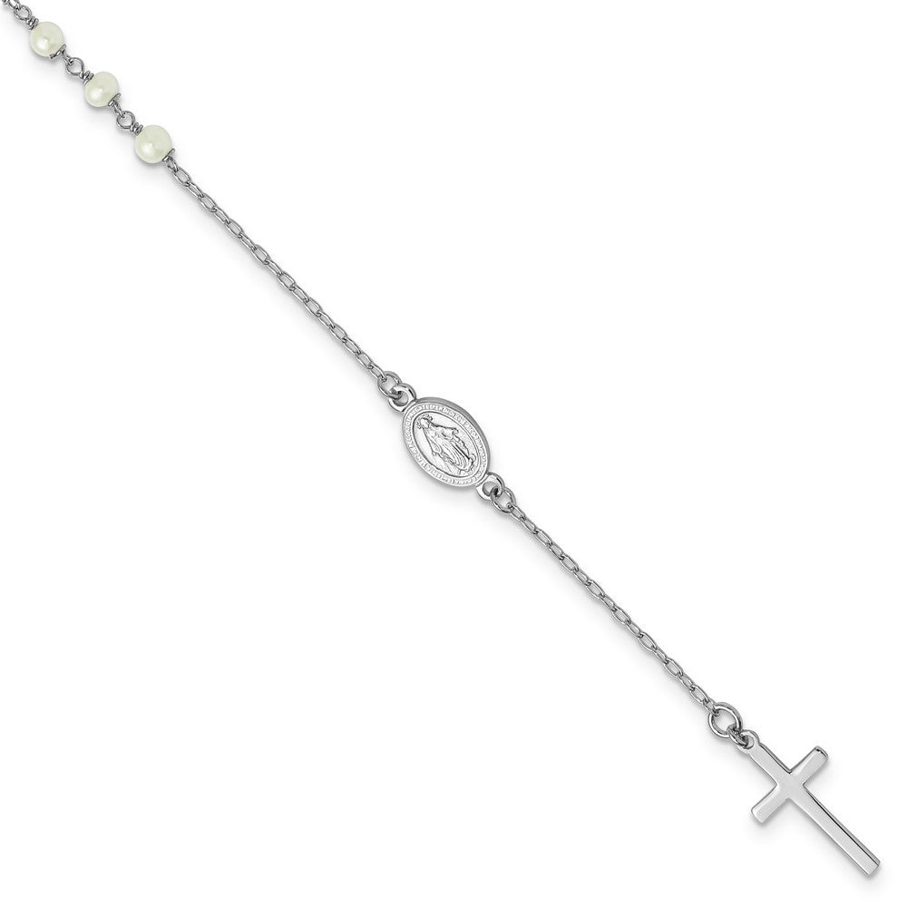 Sterling Silver RH-plated FWC Pearl Cross Rosary Themed 10in Anklet