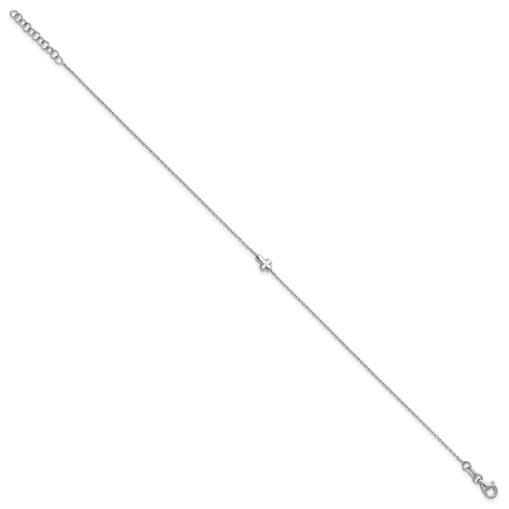 Sterling Silver Rhodium-plated Cross 9in Plus 1in ext. Anklet