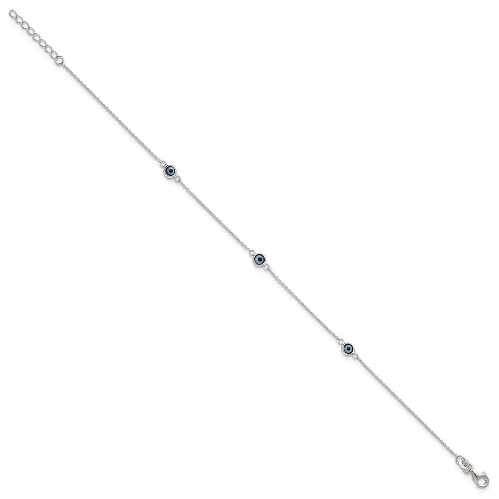 Sterling Silver Polished and Glass Evil Eye 9in Plus 1in Ext Anklet