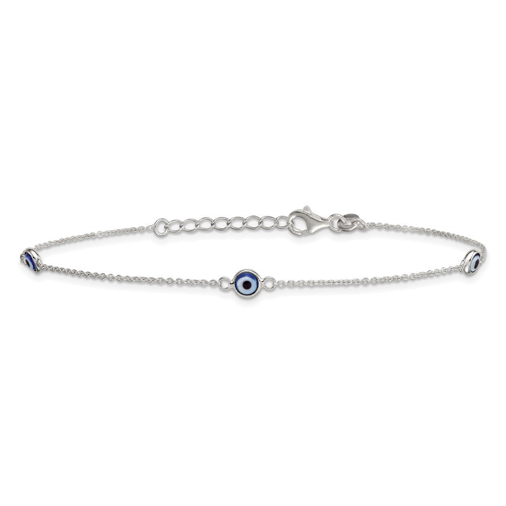 Sterling Silver Polished and Glass Evil Eye 9in Plus 1in Ext Anklet