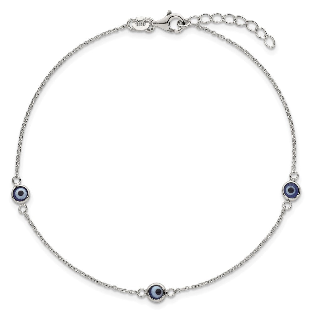 Sterling Silver Polished and Glass Evil Eye 9in Plus 1in Ext Anklet