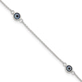 Sterling Silver Polished and Glass Evil Eye 9in Plus 1in Ext Anklet