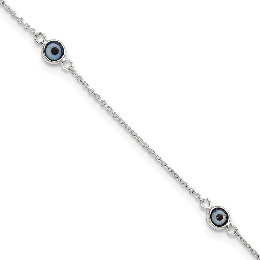 Sterling Silver Polished and Glass Evil Eye 9in Plus 1in Ext Anklet