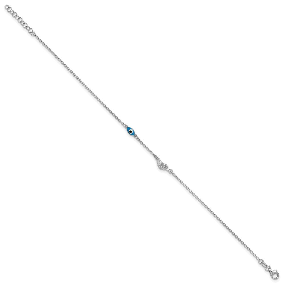 SSilver Rhodium-plated Enamel Evil Eye w/Leaf 9in Plus 1in ext. Anklet