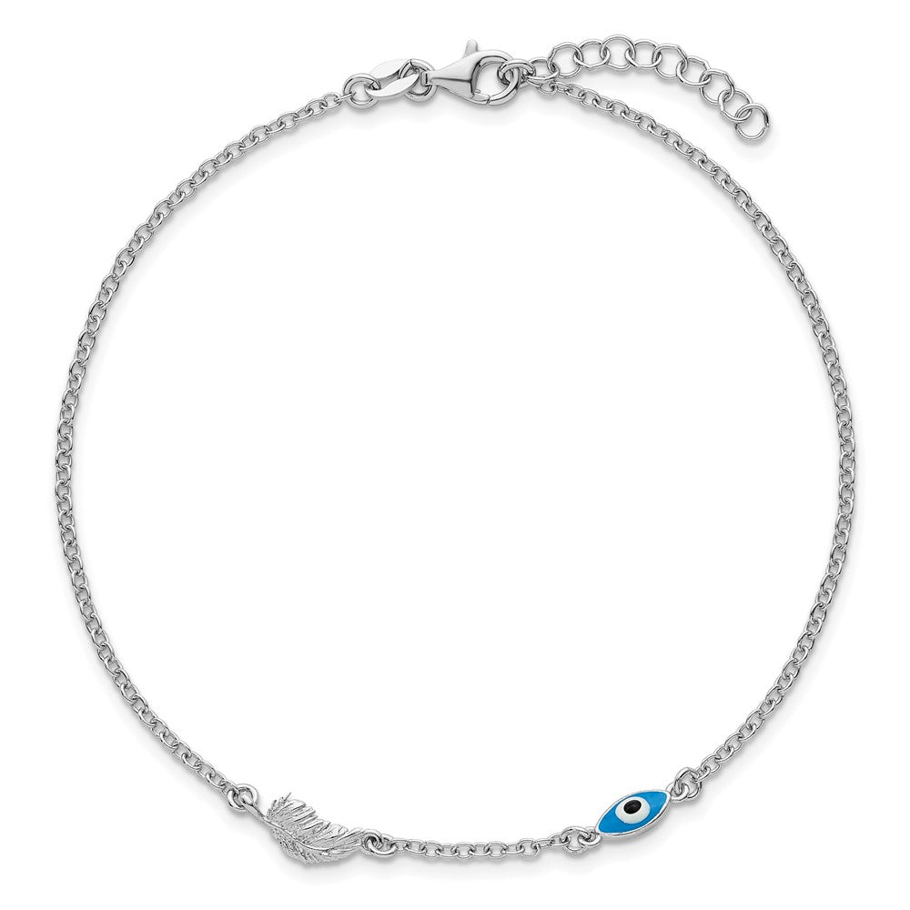 SSilver Rhodium-plated Enamel Evil Eye w/Leaf 9in Plus 1in ext. Anklet