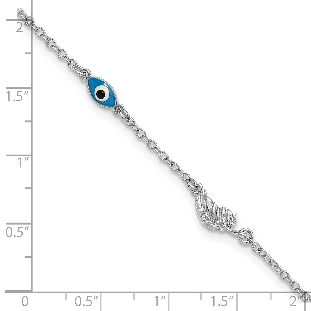 SSilver Rhodium-plated Enamel Evil Eye w/Leaf 9in Plus 1in ext. Anklet
