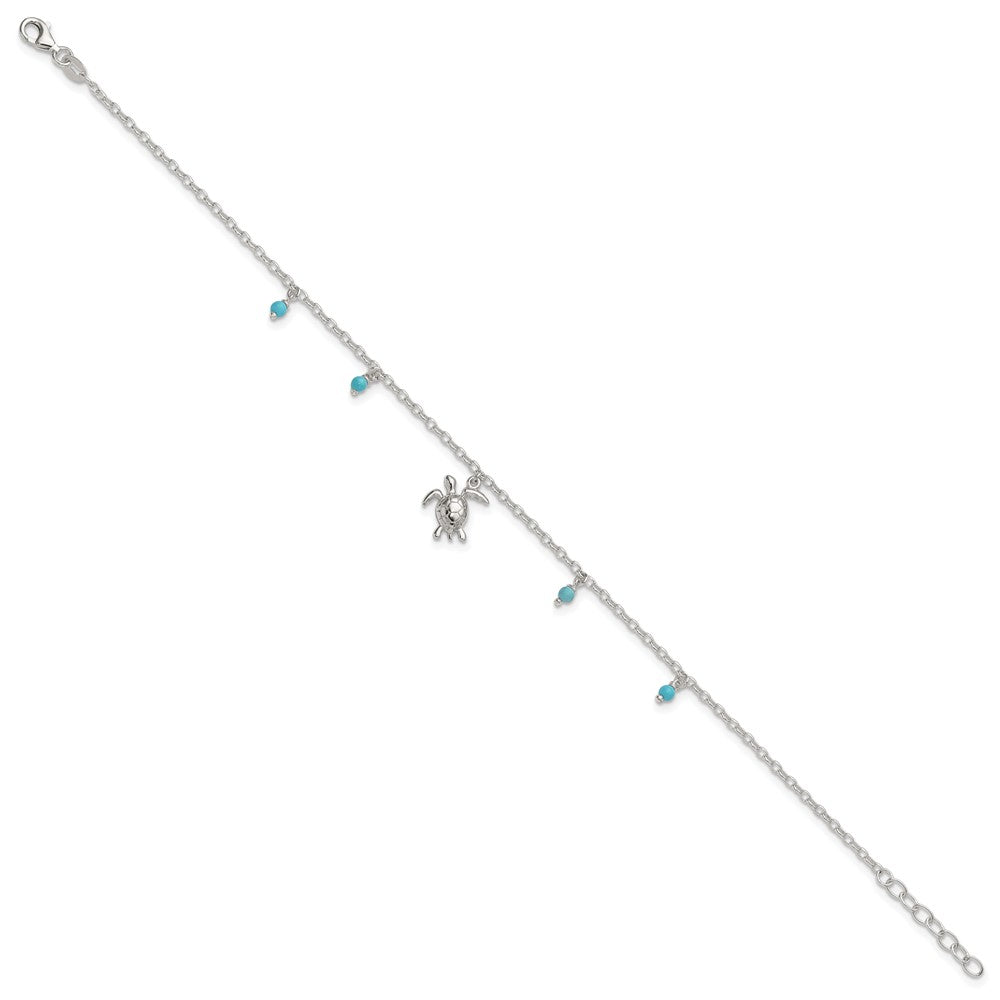 Sterling Silver and Beaded Turquoise Turtle 9in Plus 1in Ext Anklet