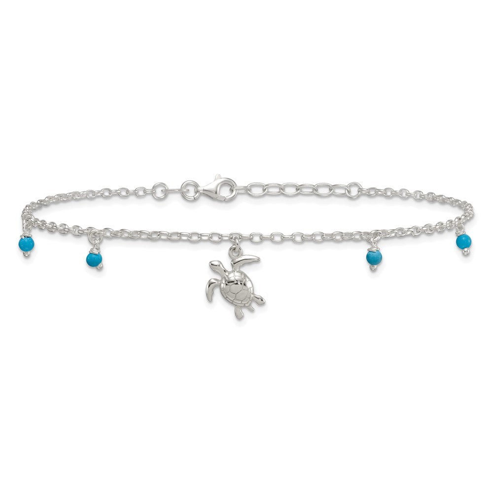 Sterling Silver and Beaded Turquoise Turtle 9in Plus 1in Ext Anklet