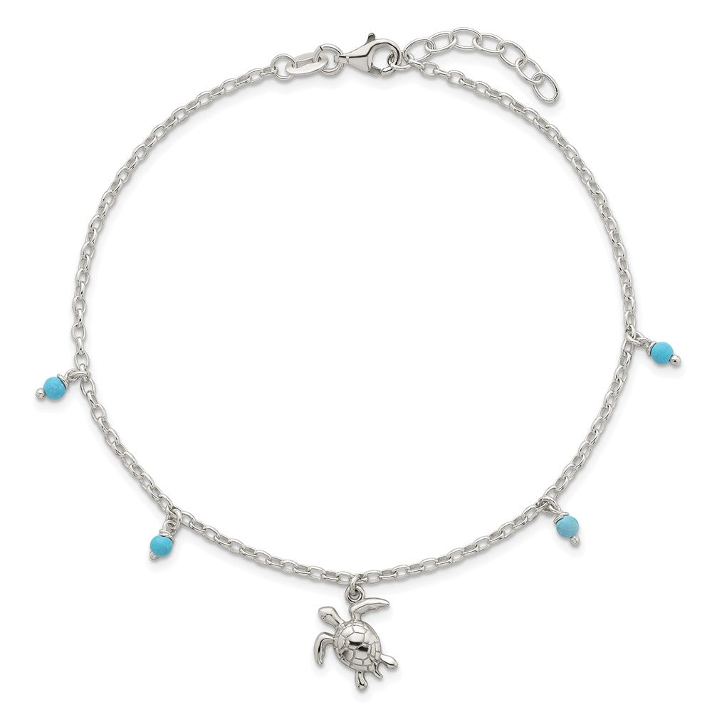 Sterling Silver and Beaded Turquoise Turtle 9in Plus 1in Ext Anklet