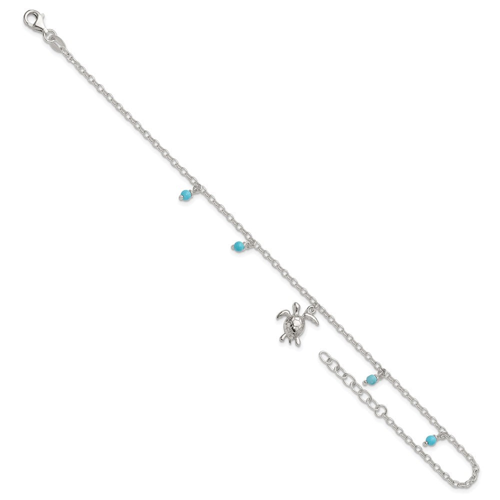 Sterling Silver and Beaded Turquoise Turtle 9in Plus 1in Ext Anklet