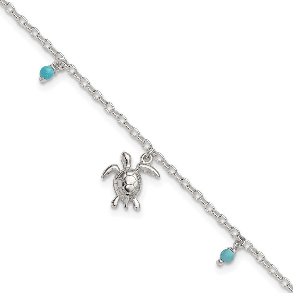 Sterling Silver and Beaded Turquoise Turtle 9in Plus 1in Ext Anklet
