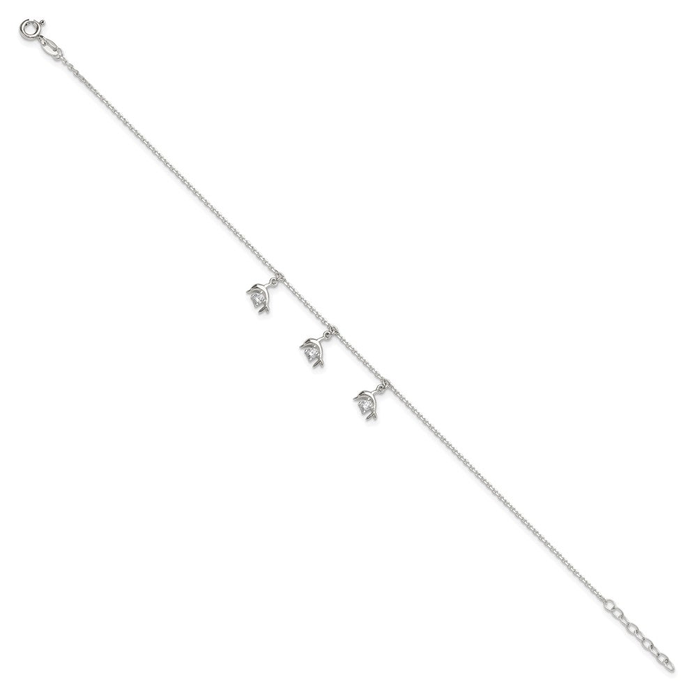 Sterling Silver Polished CZ Dolphins 9in Plus 1in Ext Anklet