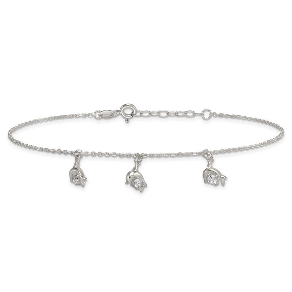 Sterling Silver Polished CZ Dolphins 9in Plus 1in Ext Anklet