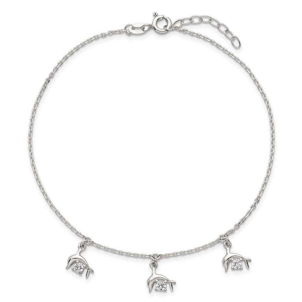 Sterling Silver Polished CZ Dolphins 9in Plus 1in Ext Anklet