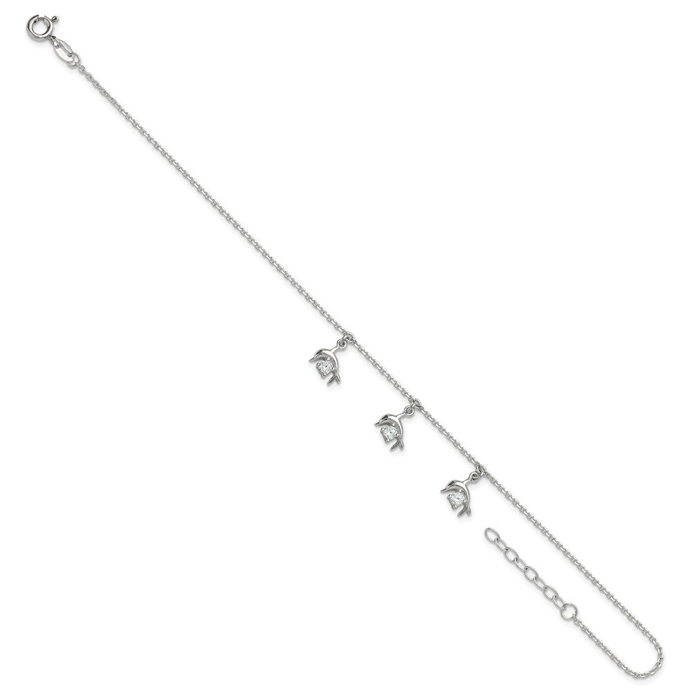 Sterling Silver Polished CZ Dolphins 9in Plus 1in Ext Anklet