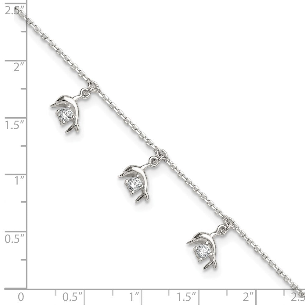 Sterling Silver Polished CZ Dolphins 9in Plus 1in Ext Anklet